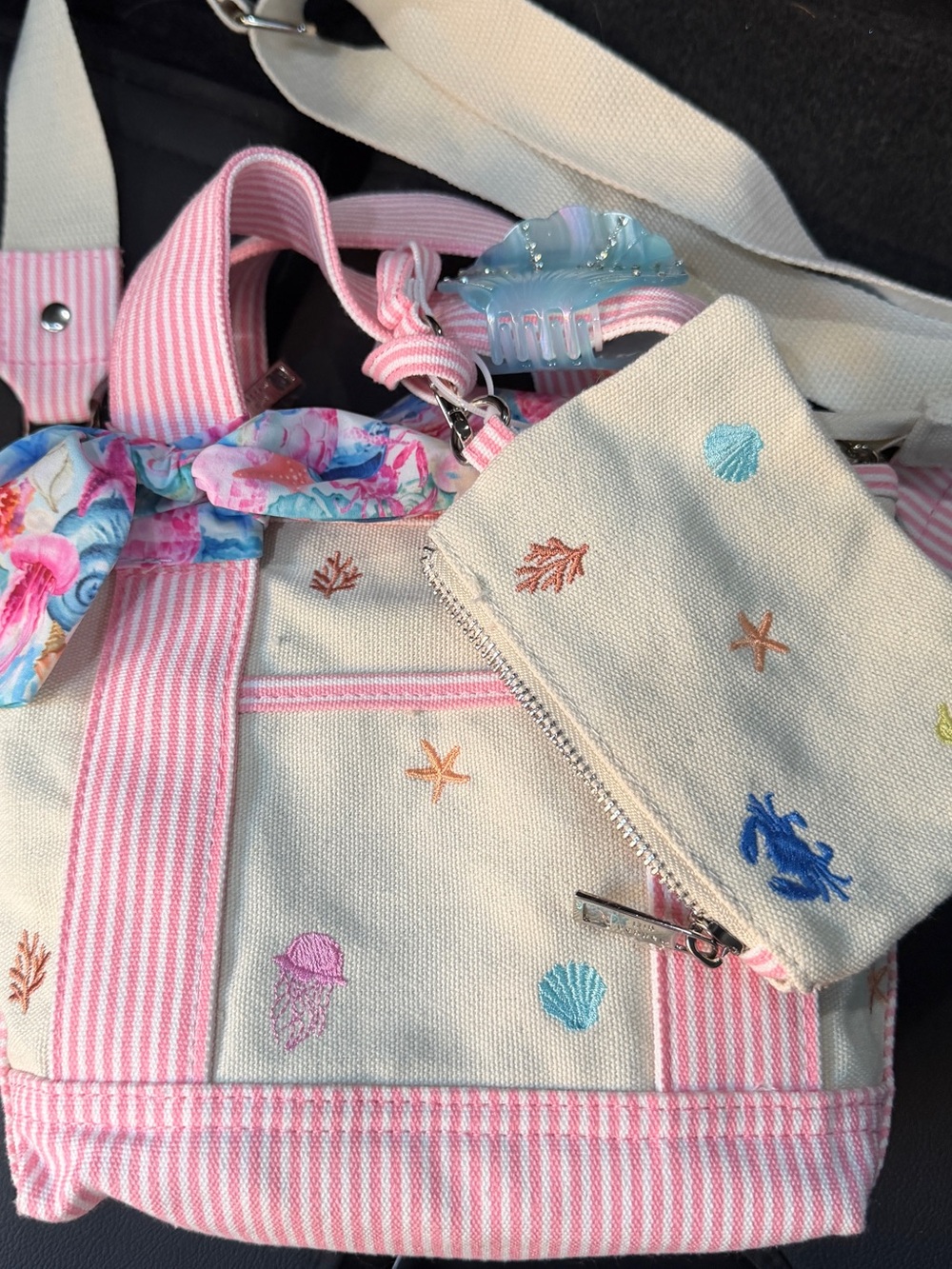 Madden Girl Cream & Pink Striped Mini Canvas Tote with Beach Embroidery